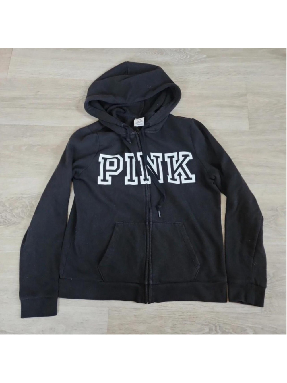 Victoria's Secret PINK black zip up hoodie with white 'PINK' text, size M #victo